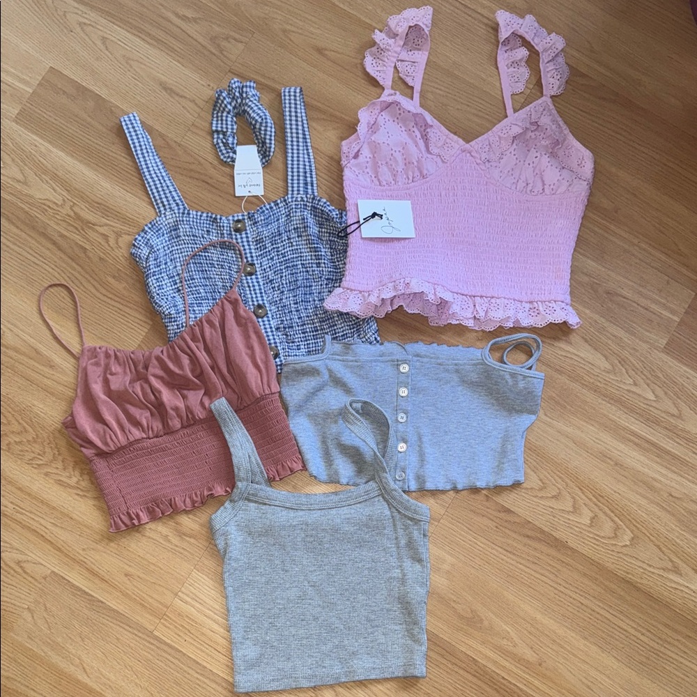 NWT Japna Bundle of Crop Top Pink Lace Trim Smocked Tank Ribbed Cottagecore